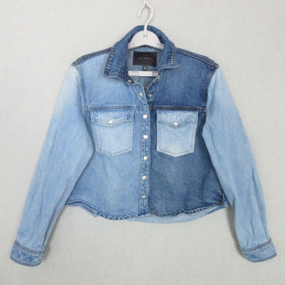 BlankNYC Denim Jacket Womens S Two Tone‎ Light Blue Cropped Snap Front Raw Hem
